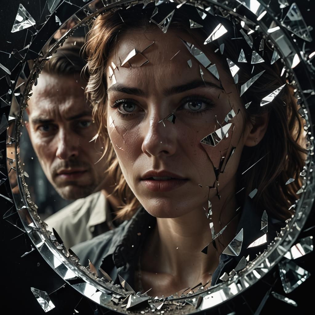 A woman looks deeply into her mirror when the face on the ot...