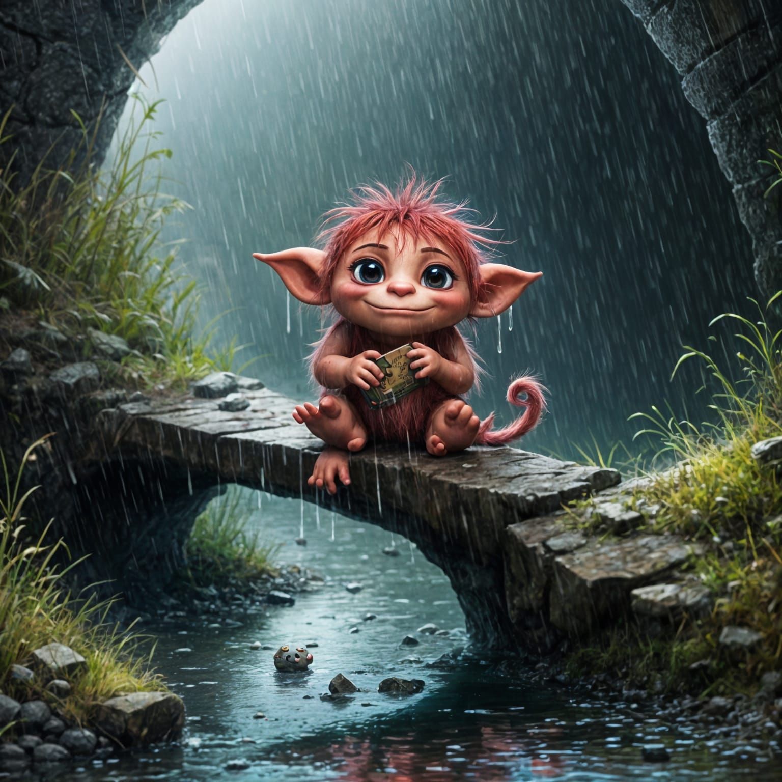 Chibi Troll Hiding from Rain Under Bridge