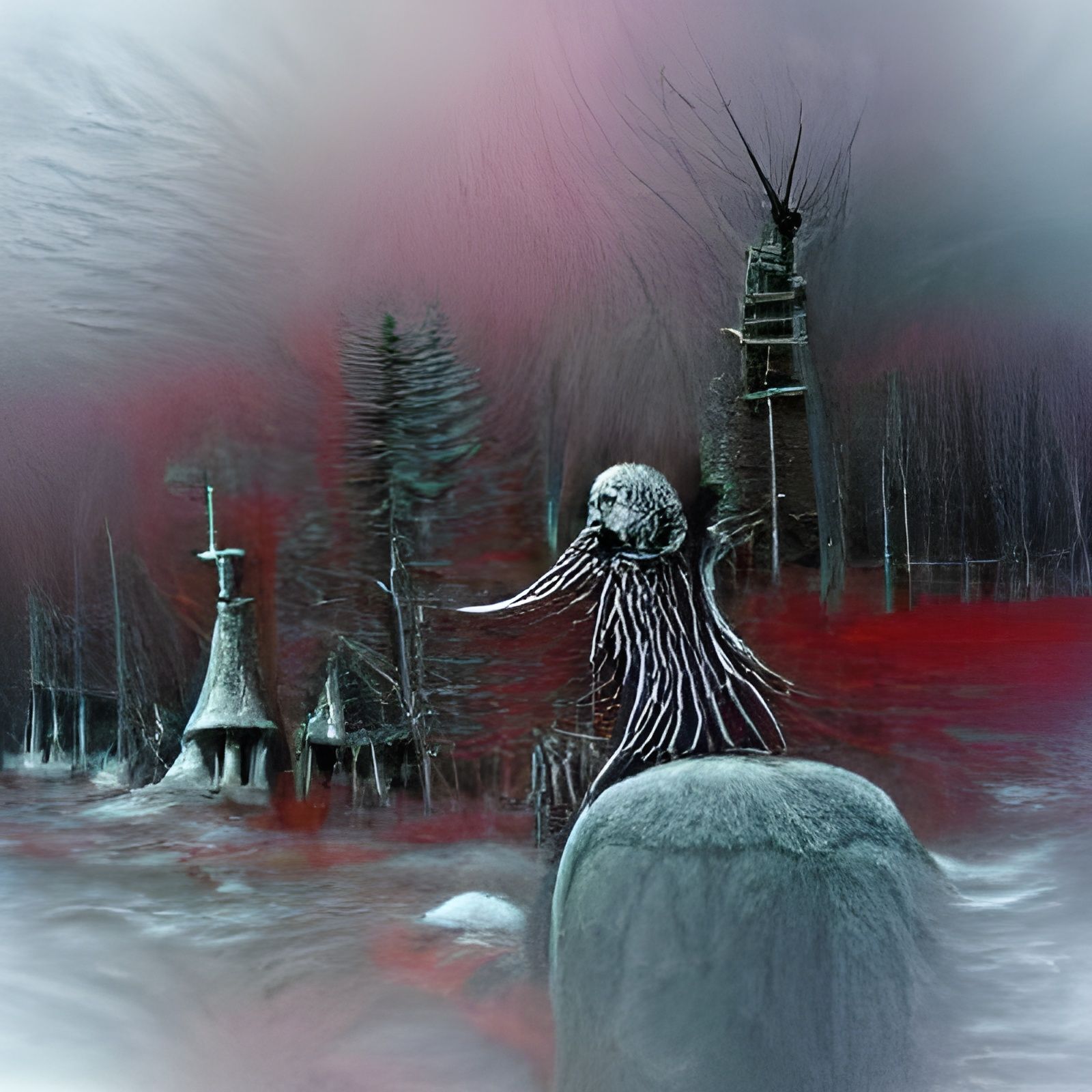 Creepy Shamanic Ritual in Winter Taiga, Horror Illustration
