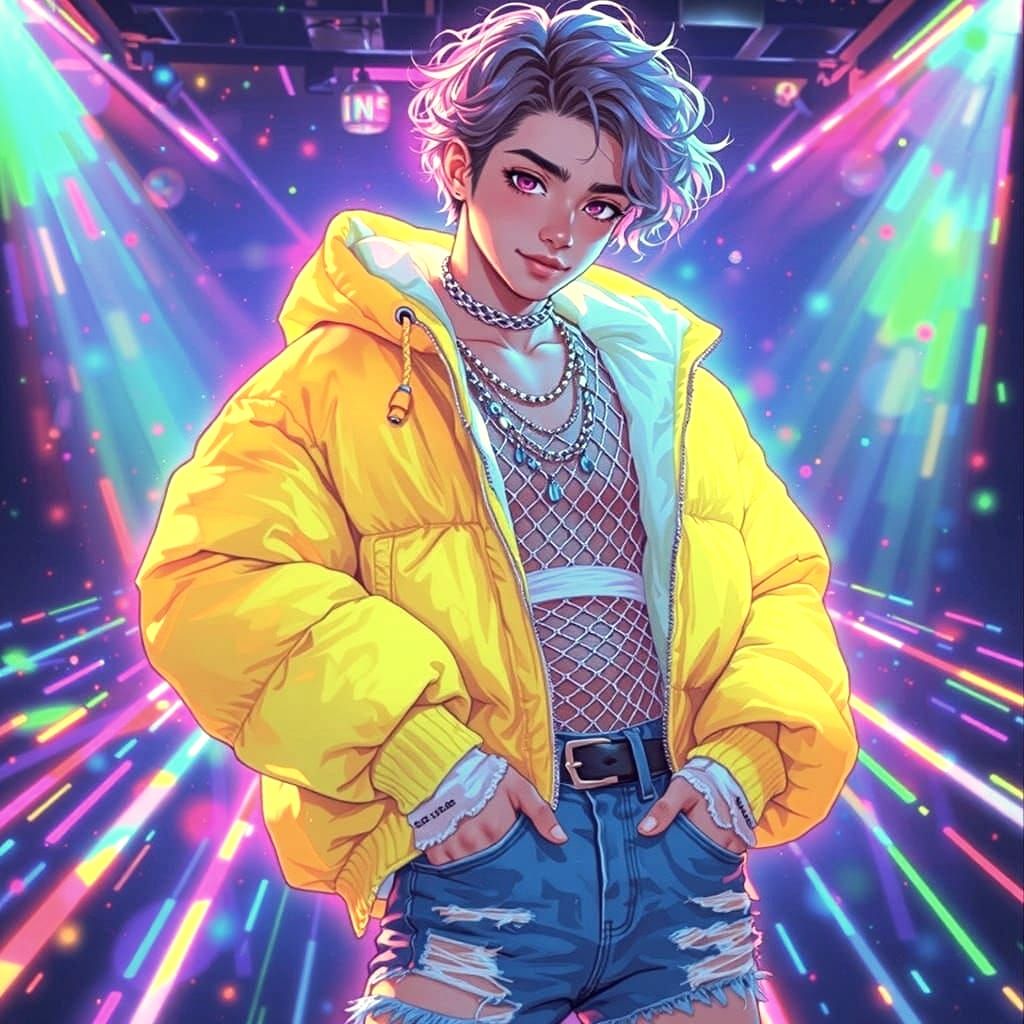 Kawaii Anime Man in Neon Nightclub
