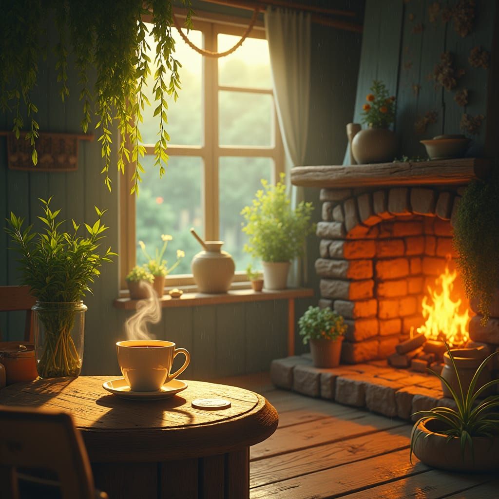 Cozy Morning Scene with Coffee and Fireplace