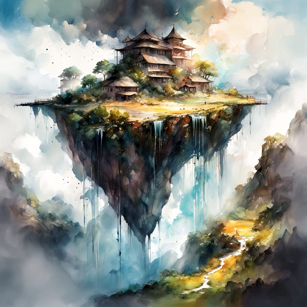 Floating Island in the Sky: Watercolour Digital Art
