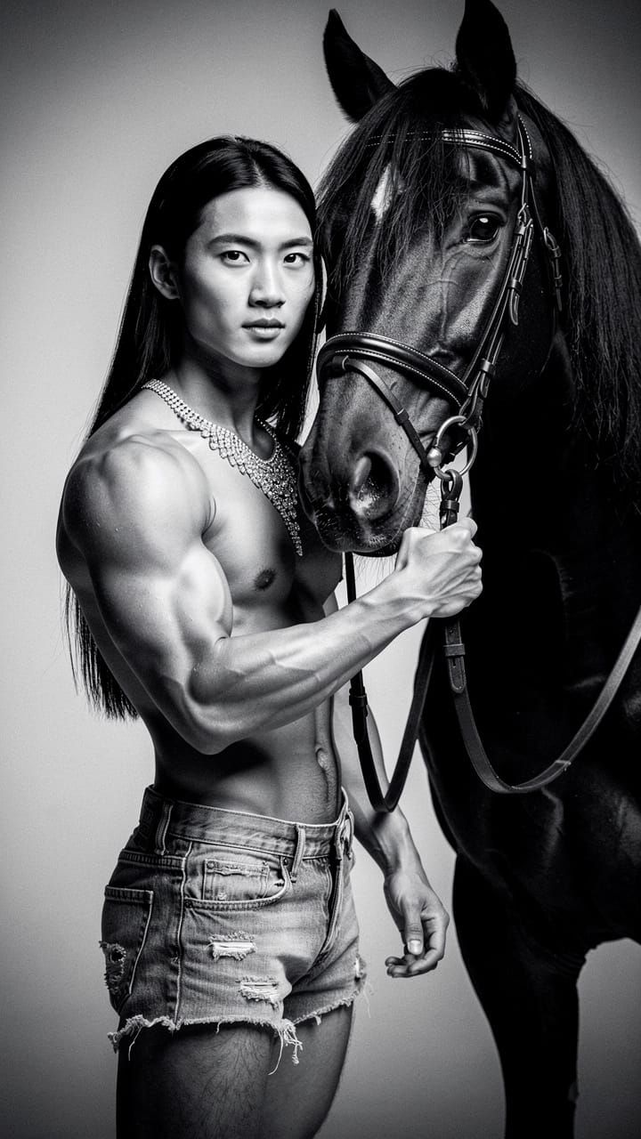 Elegant Asian Man Poses with Horse in Noir Portrait