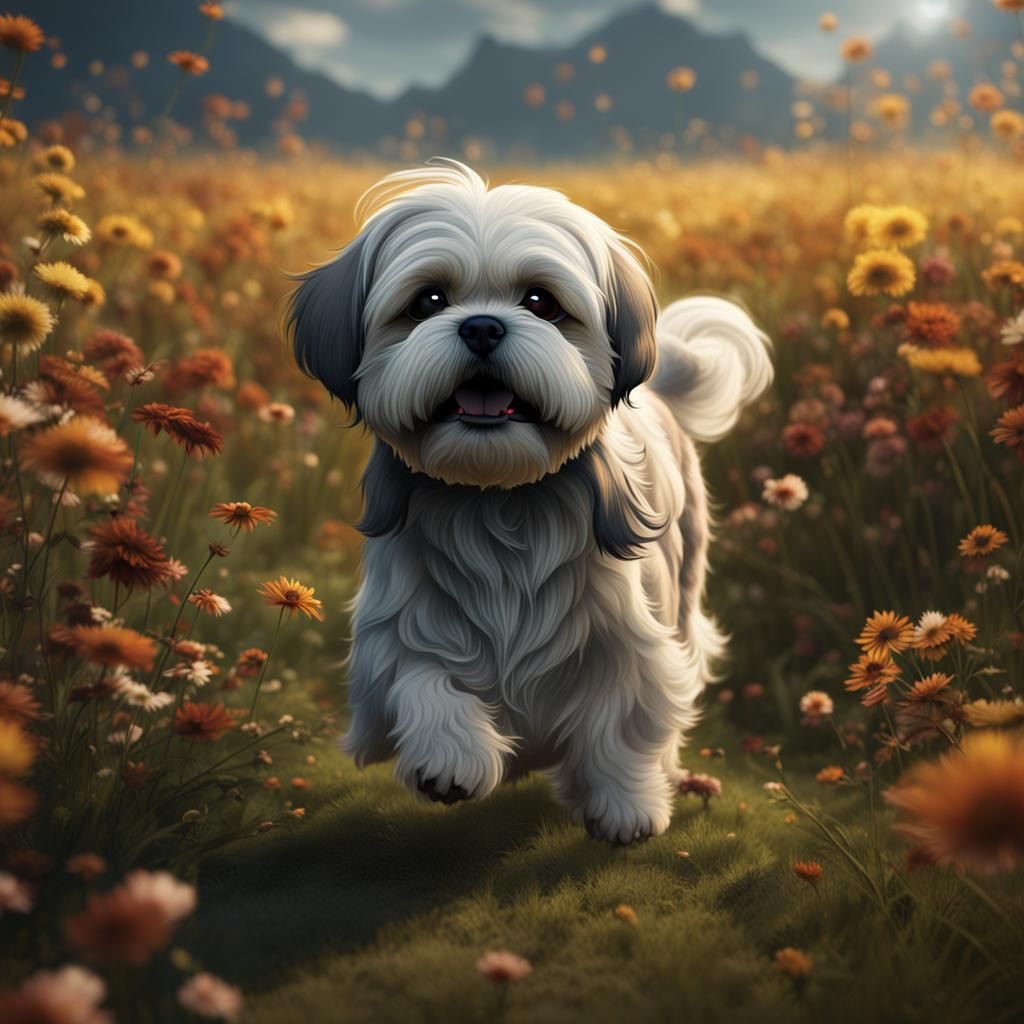 Lhasa Apso Puppy in a Field, Detailed Matte Painting
