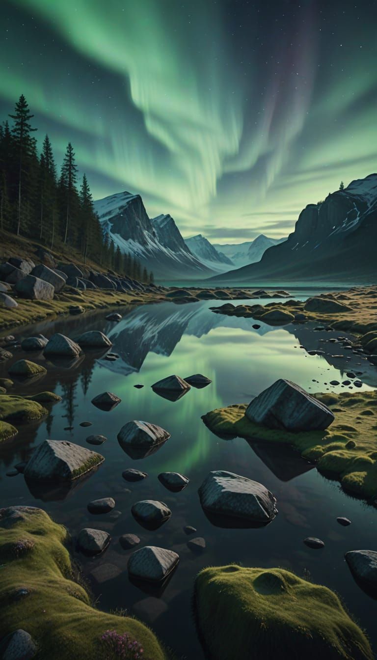 Ethereal Nordic Landscape with Aurora Borealis and Soaring F...