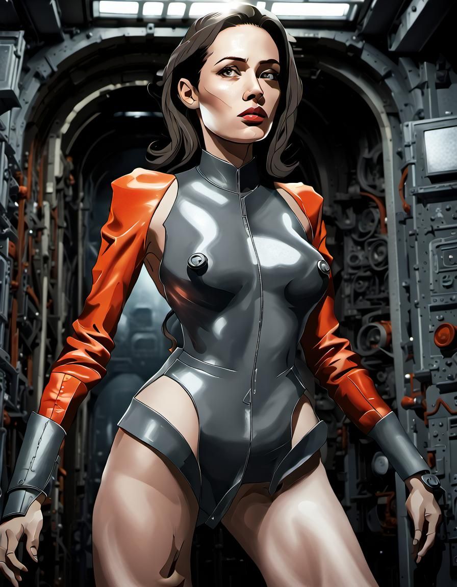 Beautiful Space Worker in Rusty Spaceship: Detailed Sci-Fi