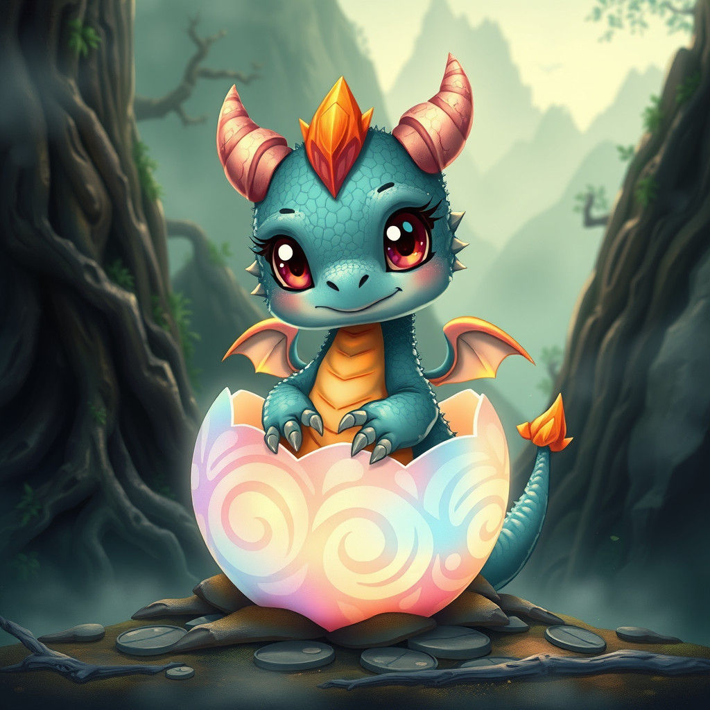 Chibi Dragon Hatching from Iridescent Egg