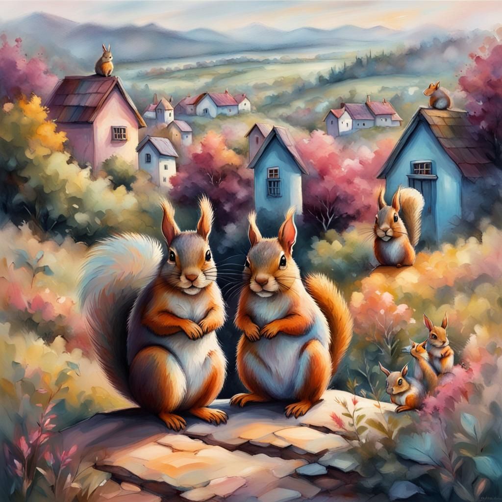 Squirrels Overlook Village in Pastel Colors