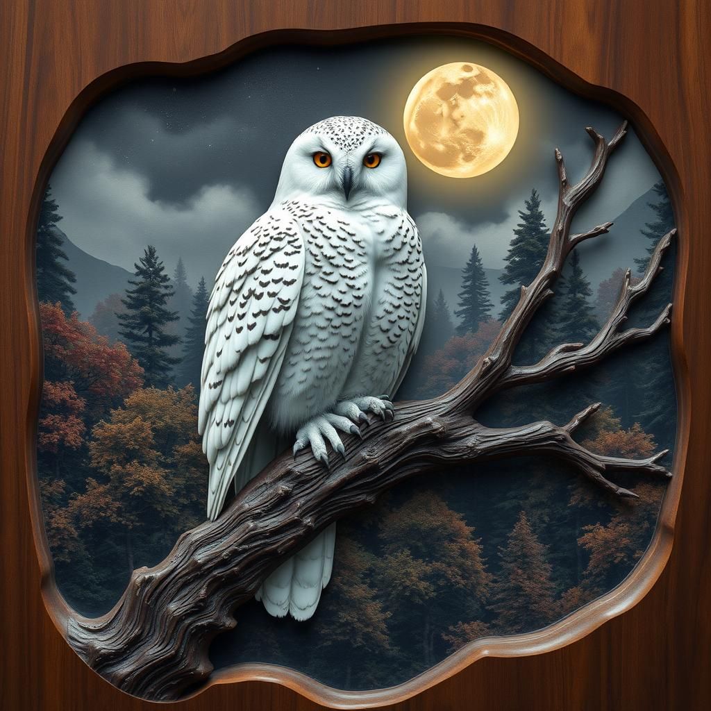 Snow Owl Wood Relief in Moonlit Autumn Forest
