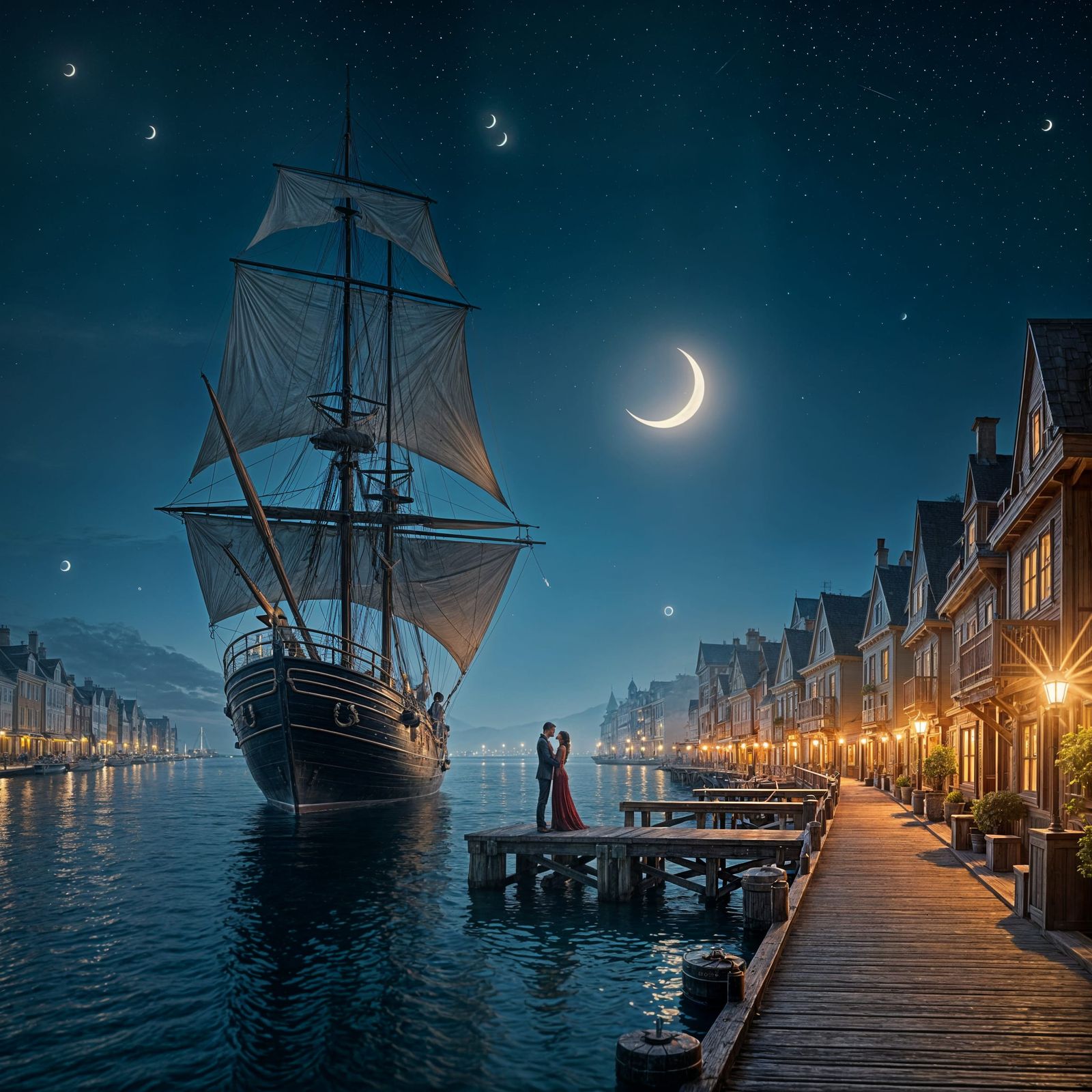 Majestic Sailing Ship Under Crescent Moon