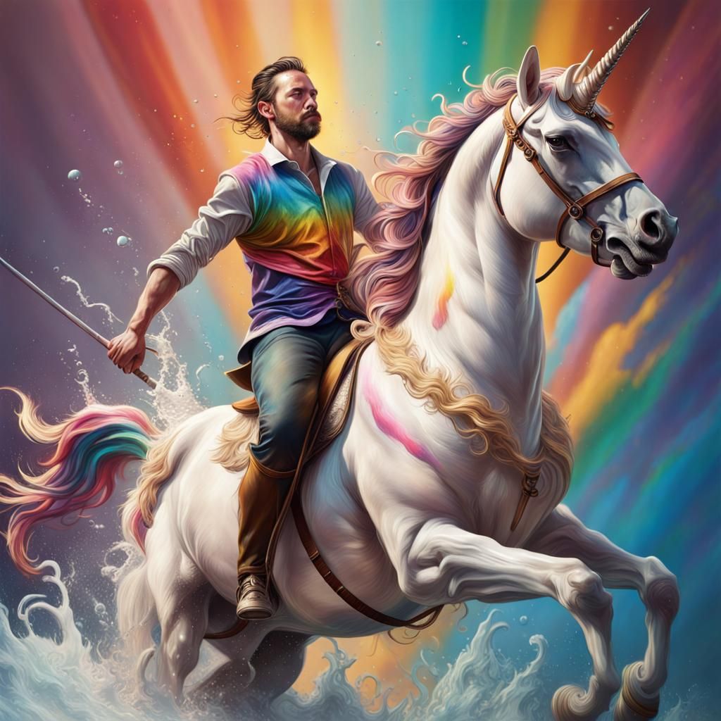 Hyperrealistic Man Riding Unicorn in Splash Art