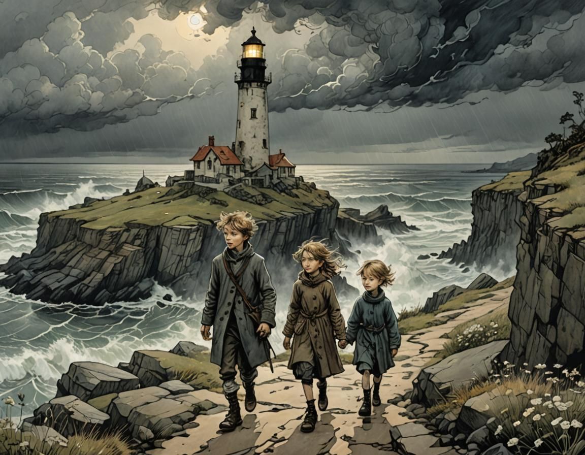 Siblings Journey to Lighthouse in Stormy Weather