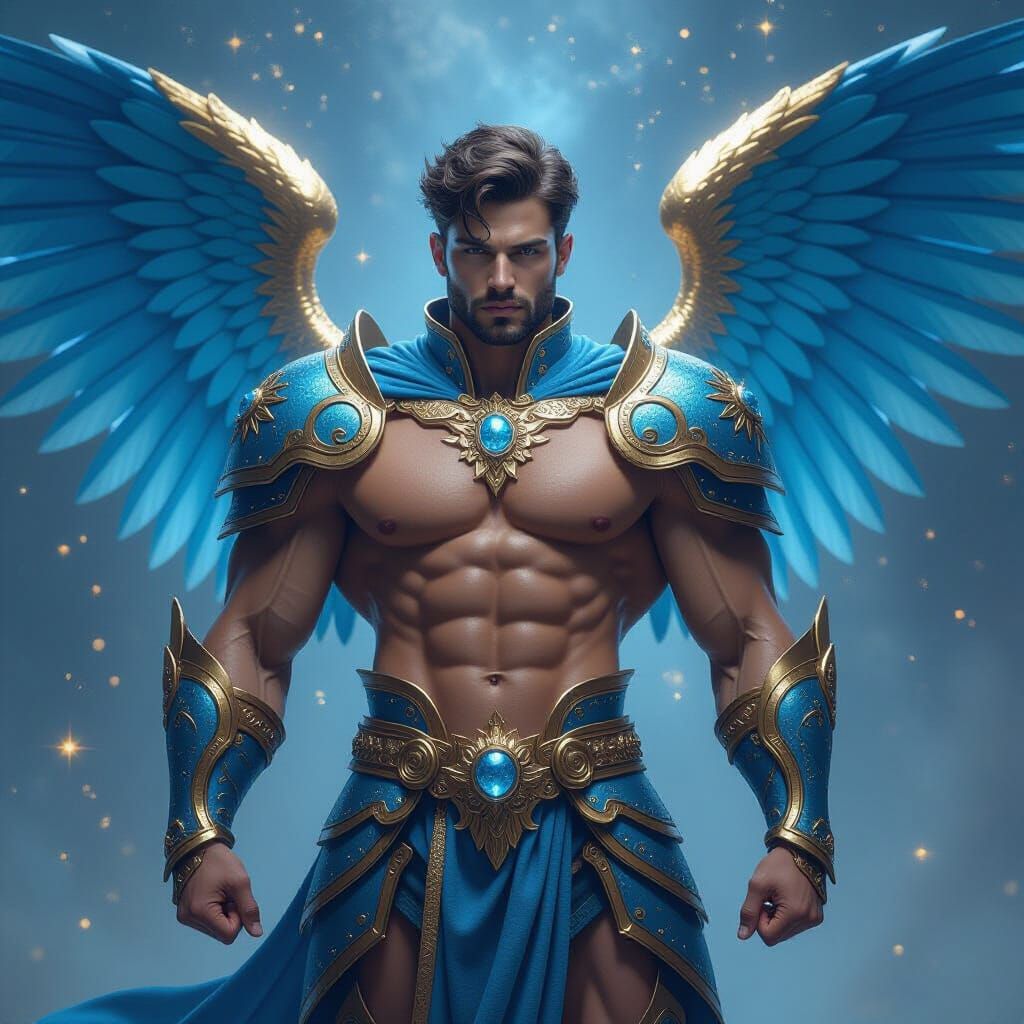 Muscular Angel Man In Blue Gold Zodiac Armor