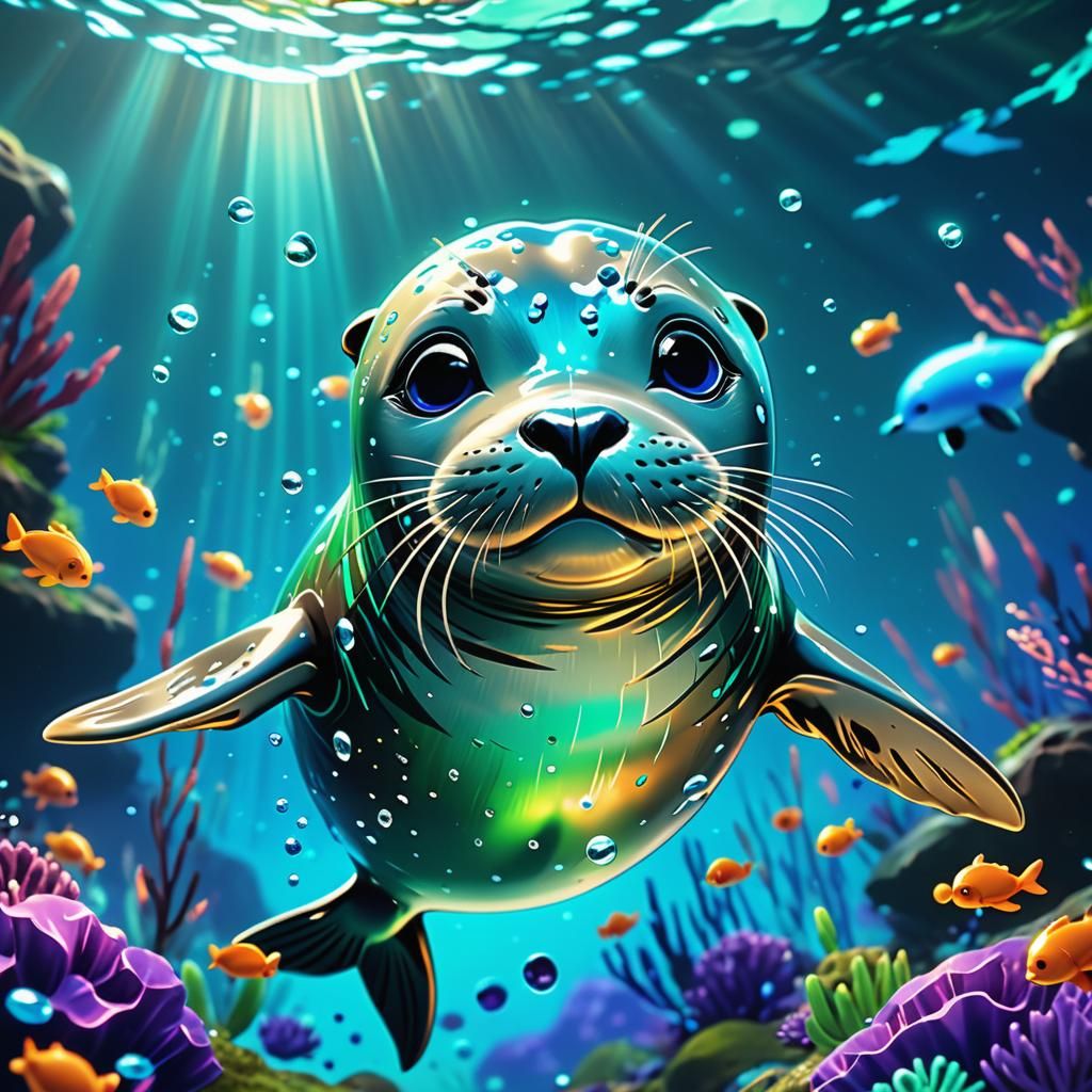 Vibrant Anime Seal Underwater Scene in Glowing Bioluminescen...