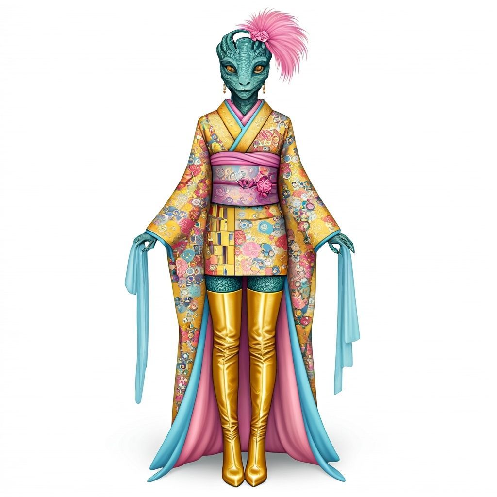 Reptilian Alien Model in Harajuku Kimono with Floral Accents