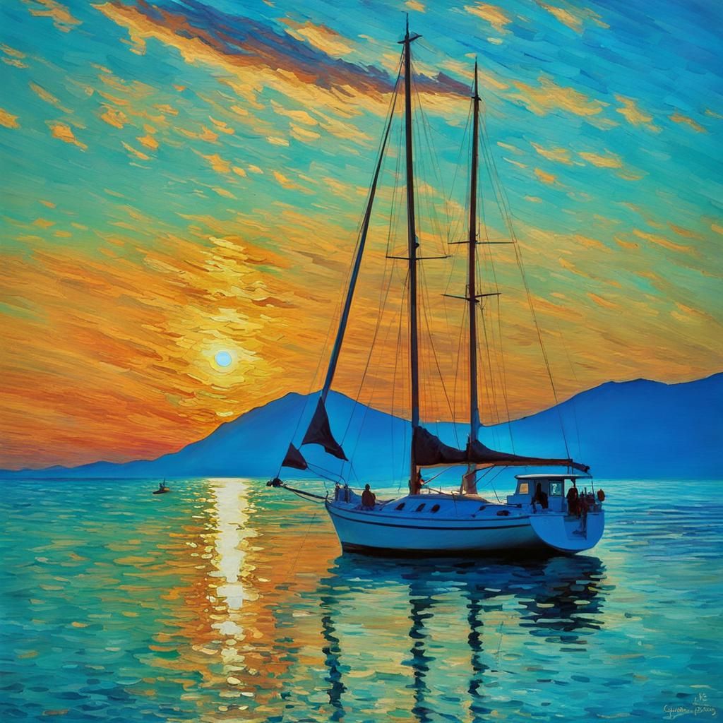 Greek Island Sailboat at Dawn in Pointillist Style