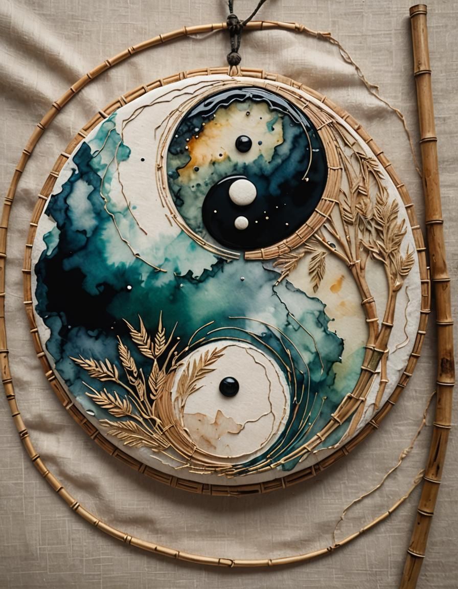 Yin Yang Symbol in Watercolor with Hemp