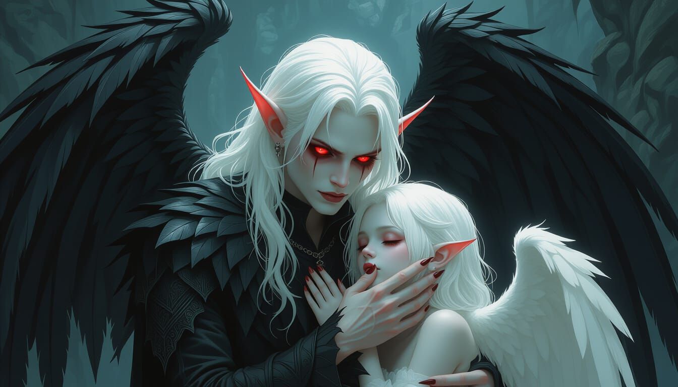 Devil Comforts Fragile Angel in Ethereal Realm