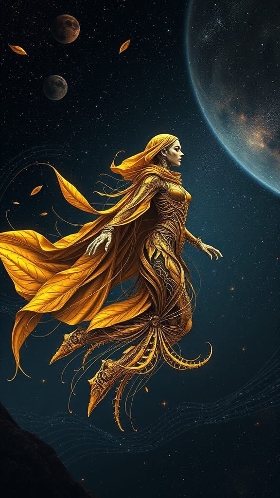Ethereal Cosmic Entity of Golden Leaves in Gigeresque Void