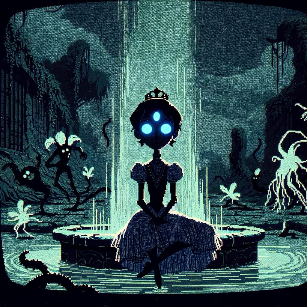 Eerie Cartoon Princess in Abandoned Garden