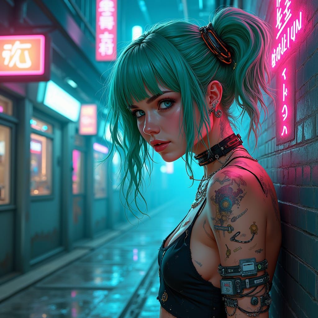 Cyberpunk Goddess in Neon Alleyway