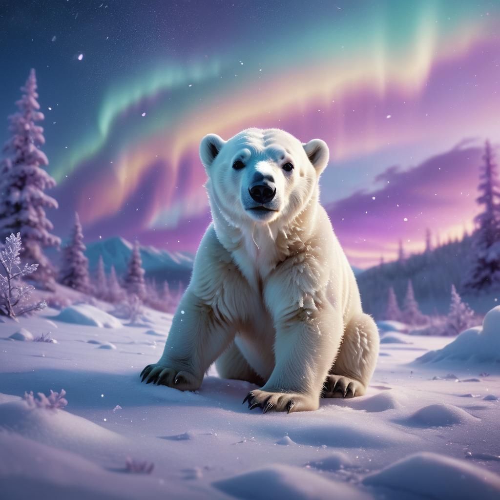 Polar Bear Cub in Snowy Aurora Landscape