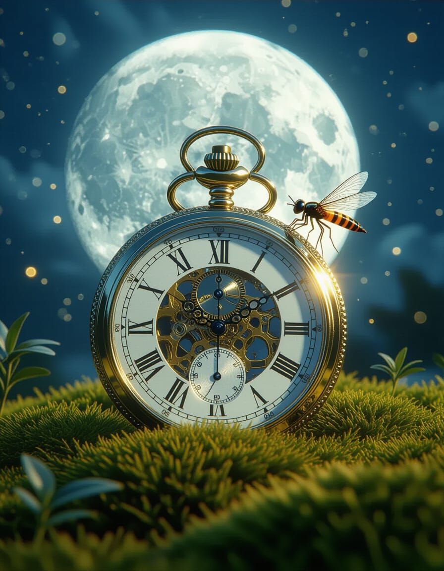 Moonlit Pocket Watch and Firefly in Magical Realism