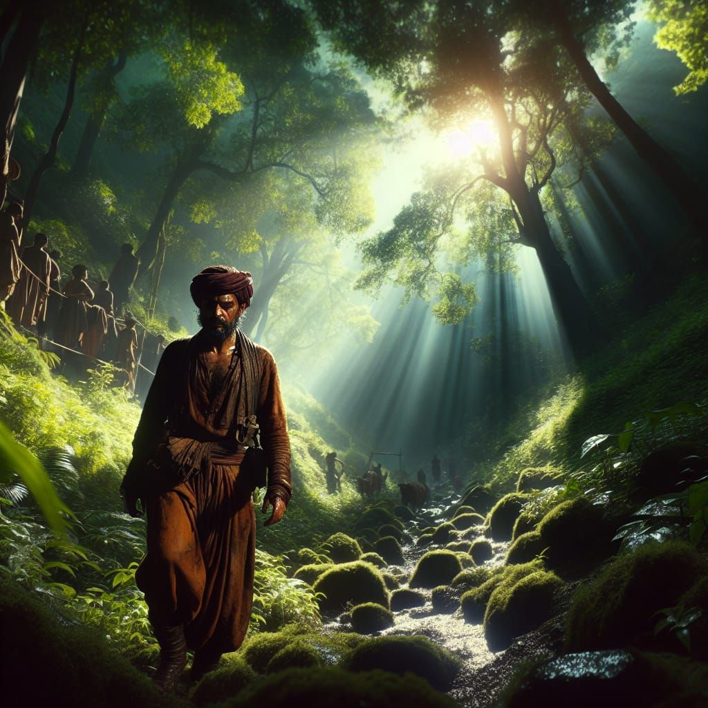 Tired Indian Farmer Walks Through Sunlit Forest