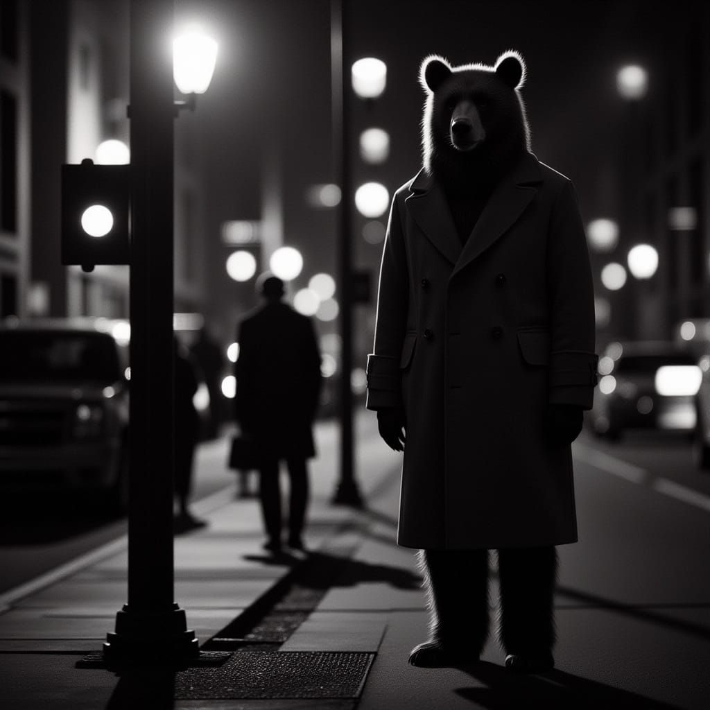 Mysterious Bear Investigates Midnight Crime Scene in Sleek T...