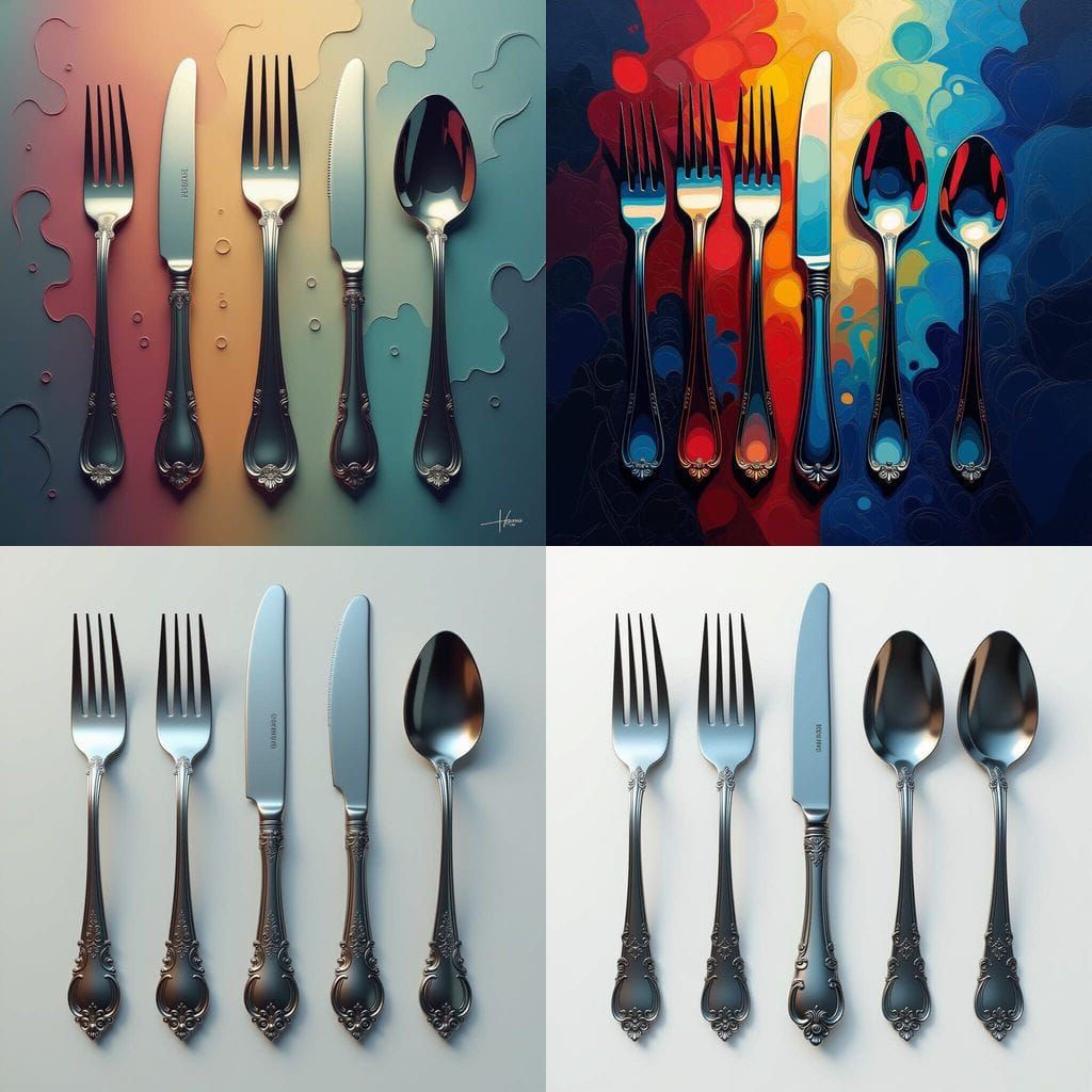 A fun collection of abstract forks, knives, and spoons, including teaspoons.