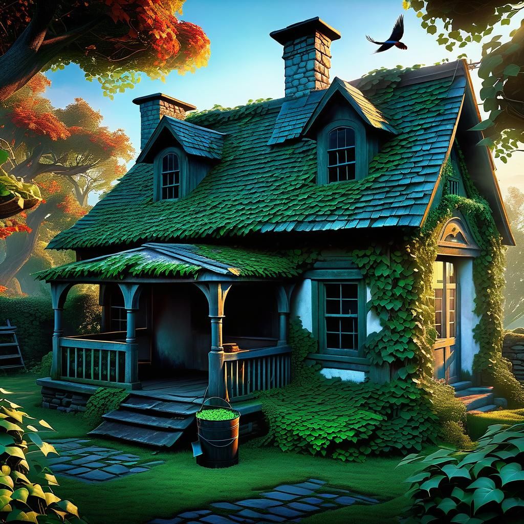 Ivy-Covered House at Sunrise: Detailed Matte Painting