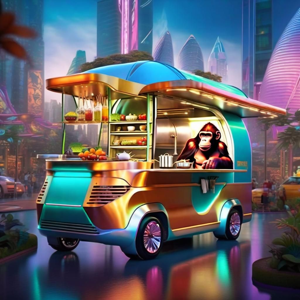 Cyberpunk Ape Chef in Futuristic Food Truck