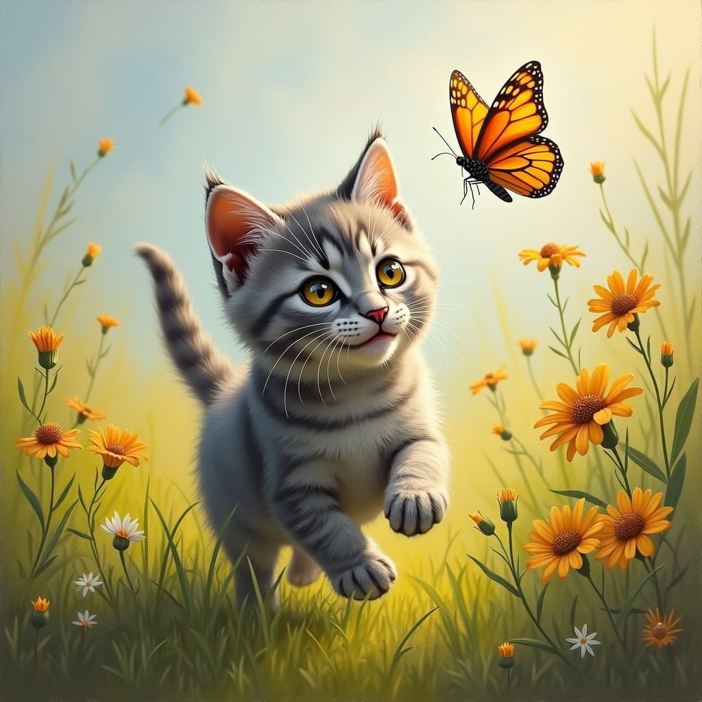 Playful Kitten Chasing Butterfly, Expressive Oil Painting