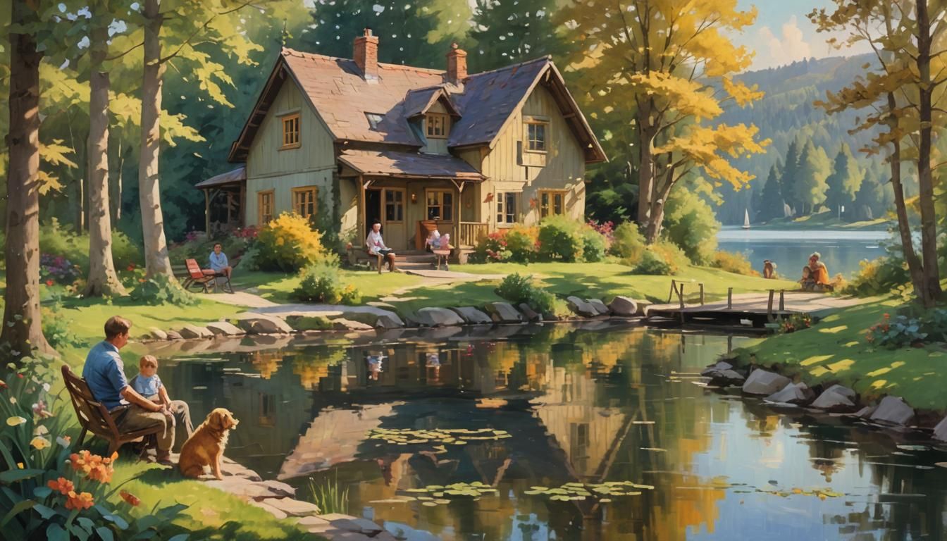 Idyllic Lakeside Home in Impressionist Oil Painting