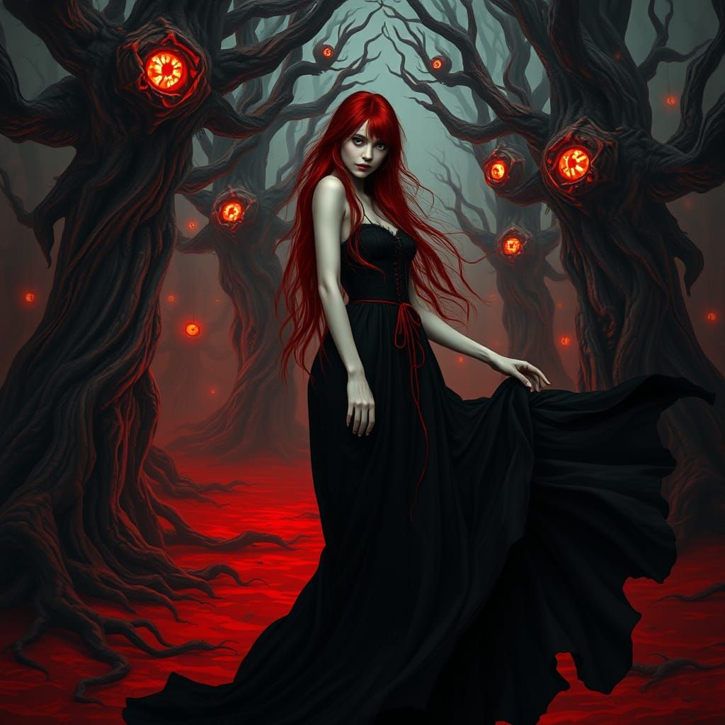 Gothic Woman in Haunting, Dreamlike Forest