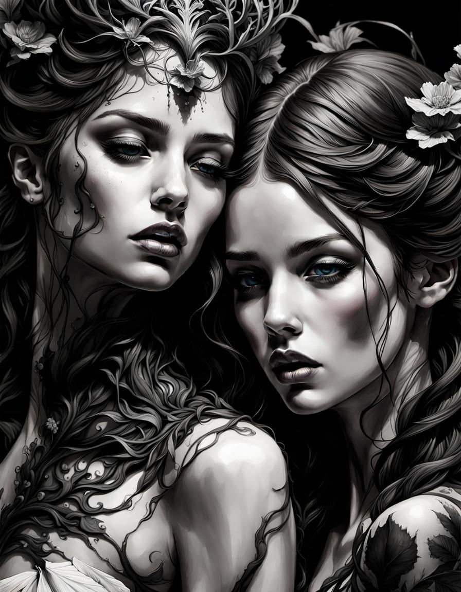 Vampire Lovers in Inkblot Style with Fountains