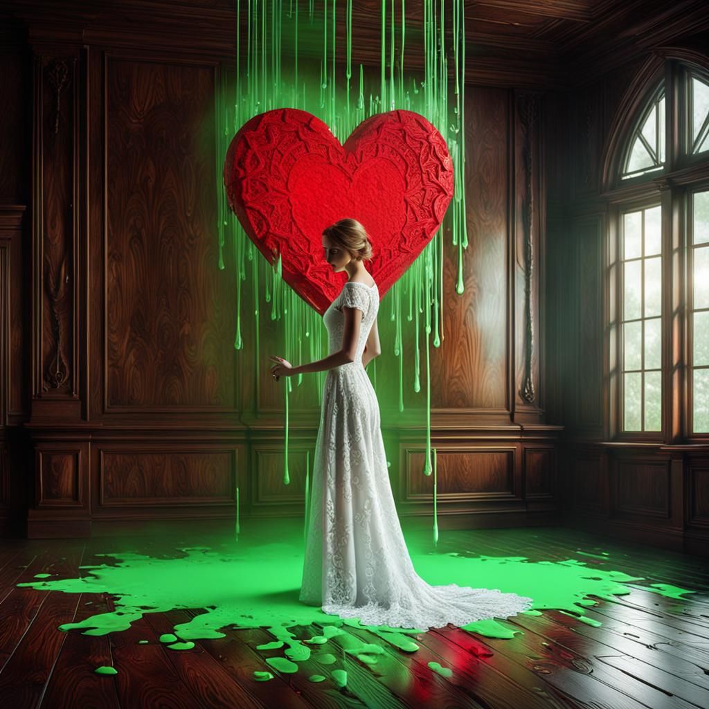 Woman in Gothic Mansion with Floating Heart