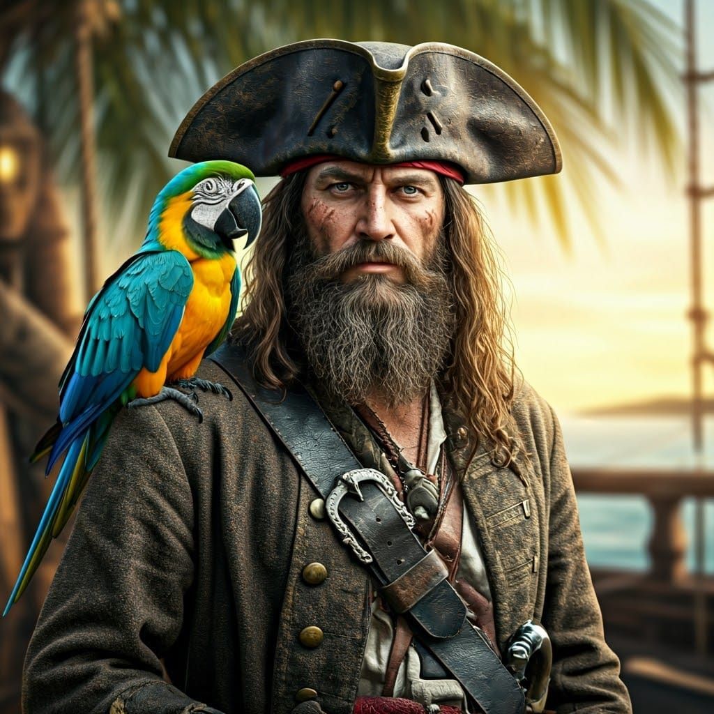 Pirate in Colorful Regalia with Vibrant Parrot Companion