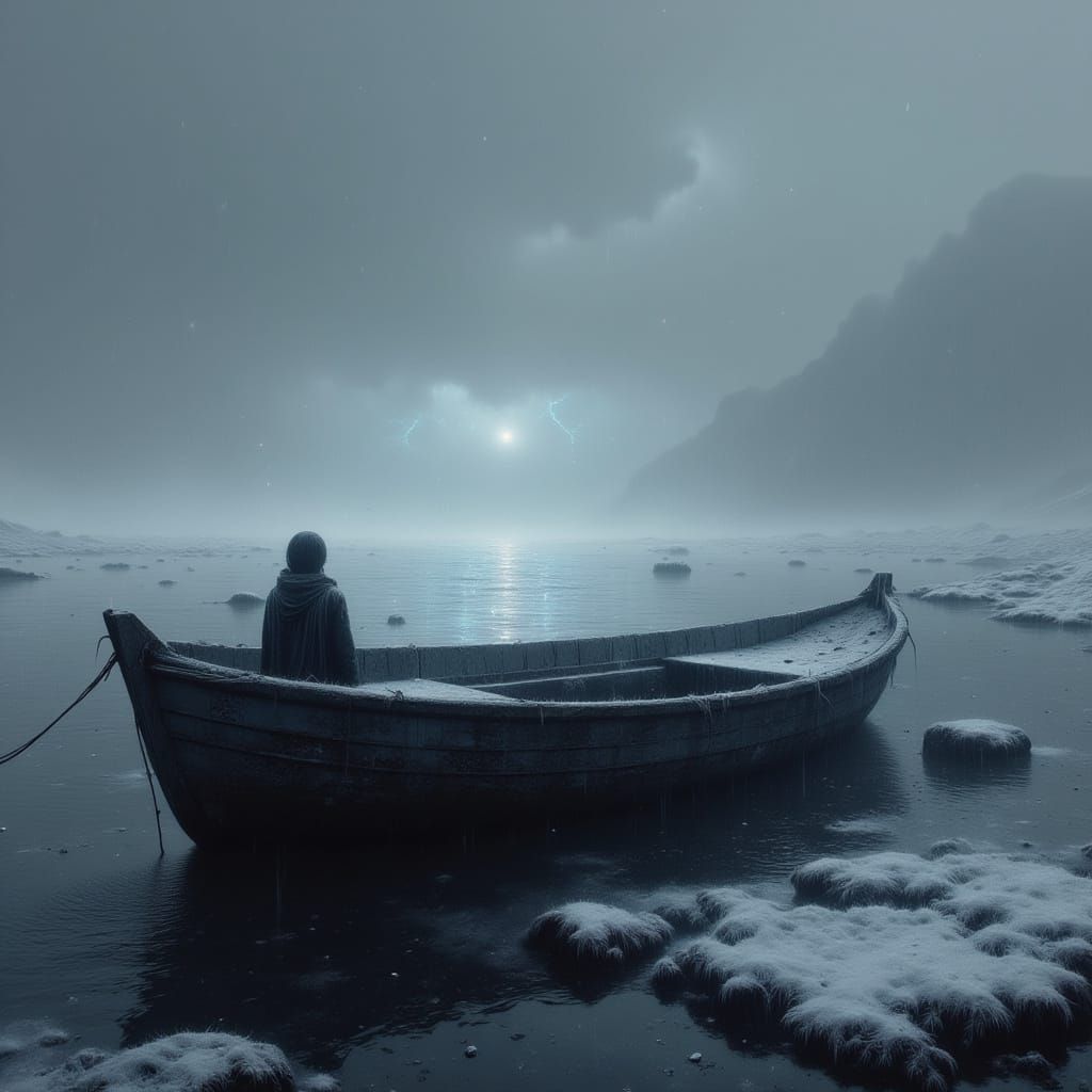 A Futuristic Winter Scene of a Deserted Boat on a Snowy Lake...