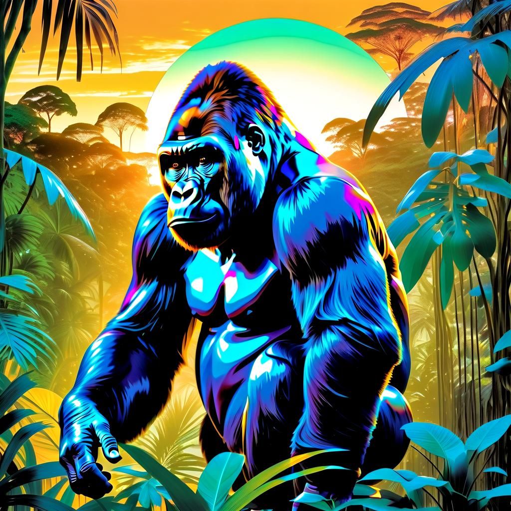Holographic Gorilla in Golden Jungle Light