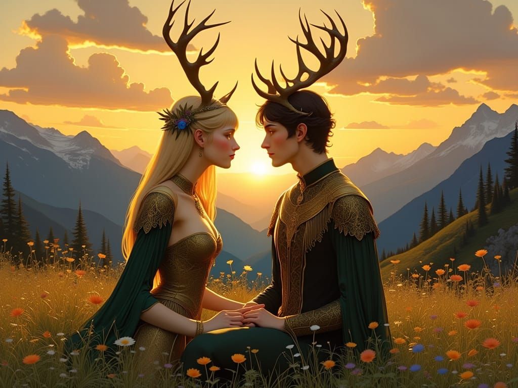 Lovers with Stag Antlers in Alpine Meadow at Sunset