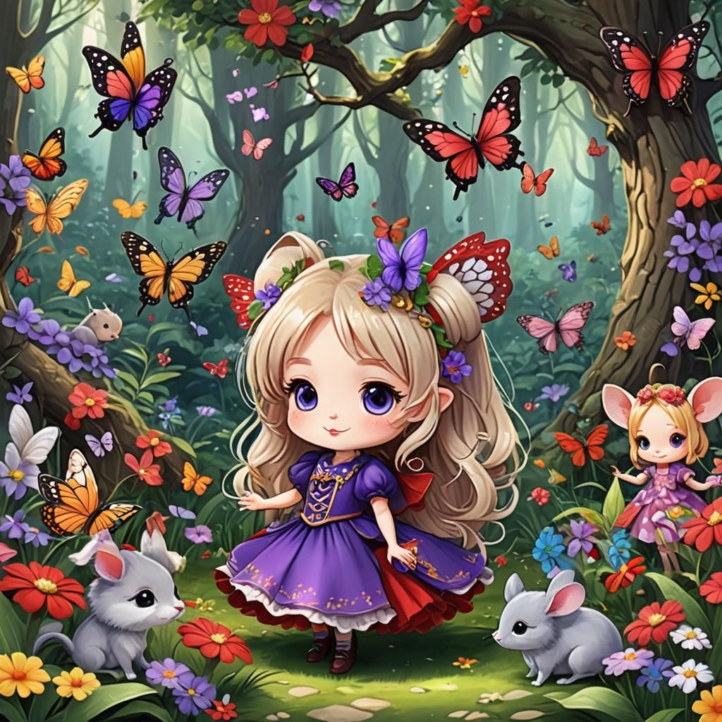 Fairytale Forest with Chibi Characters in Airbrush Style