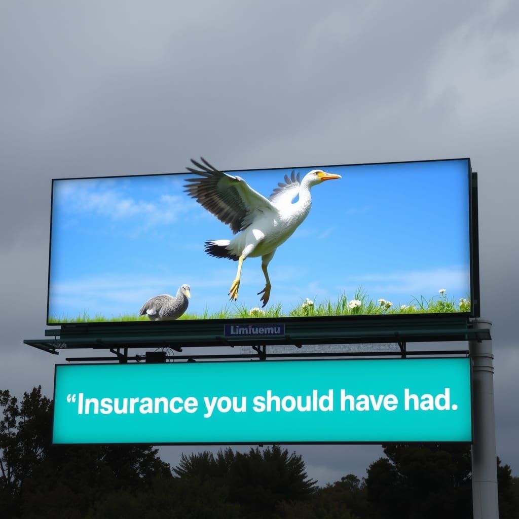 Billboard for Limu Emu showing a goony bird coming in for a crash landing, text 'Insurance you should have had'