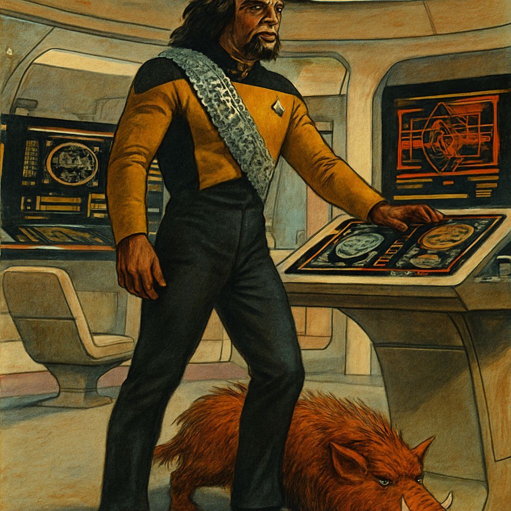 Worf and Klingon Targ on Starship Enterprise Bridge