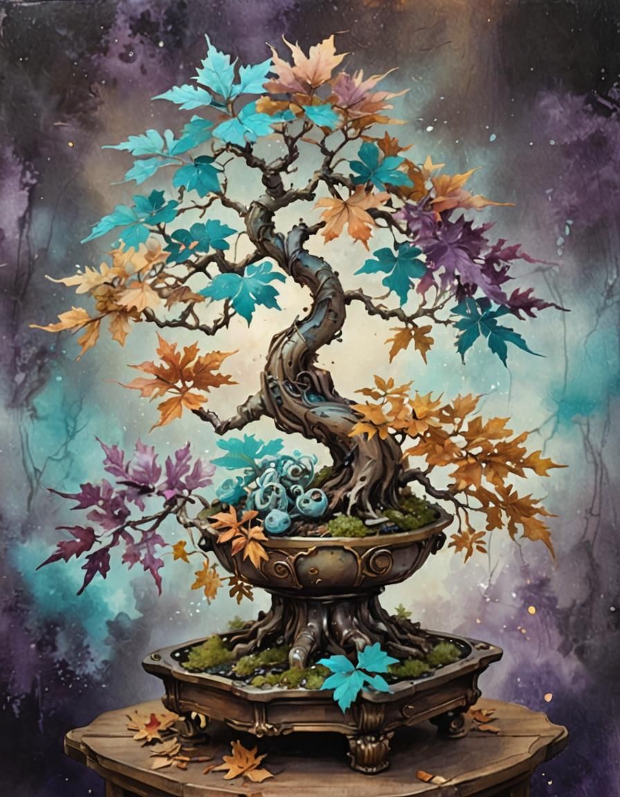 Ethereal Steampunk Bonsai in Watercolor Painting