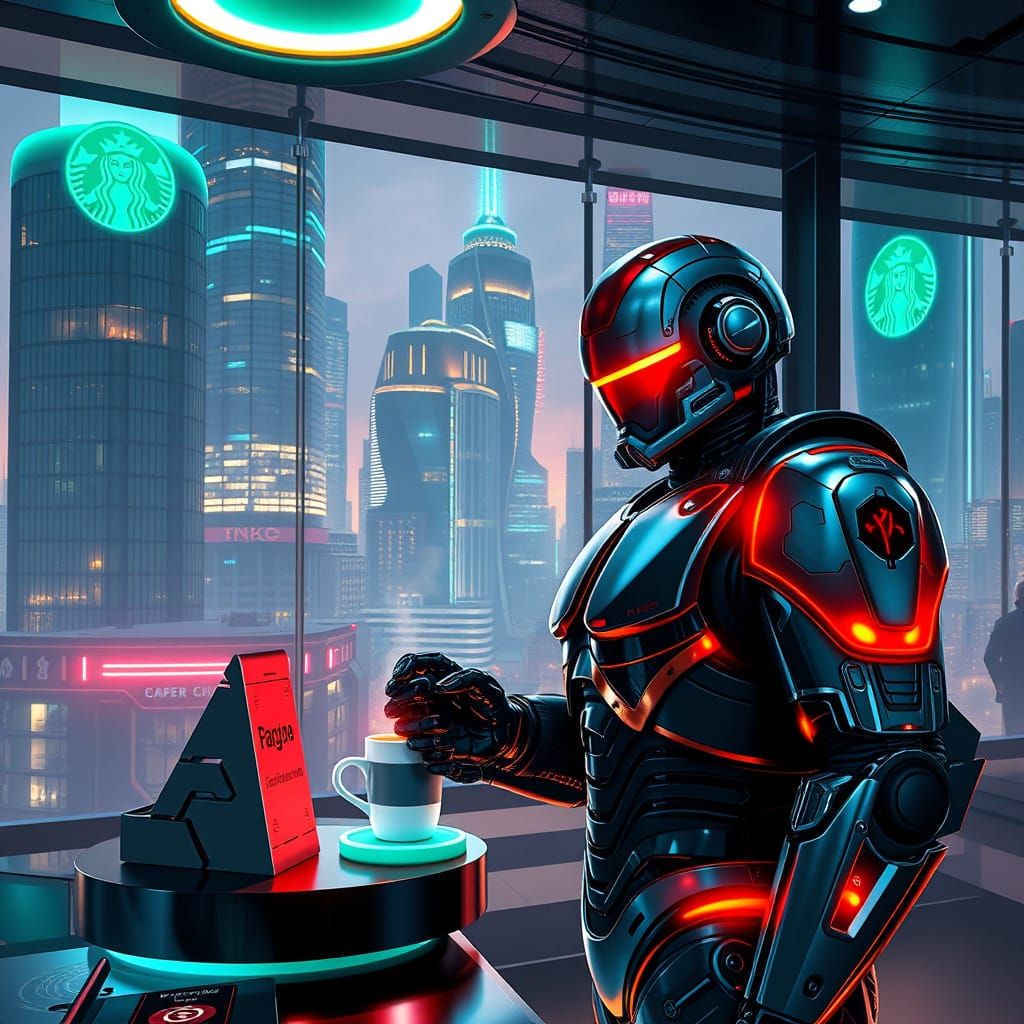 Futuristic Robocop in Neon-Lit Starbucks