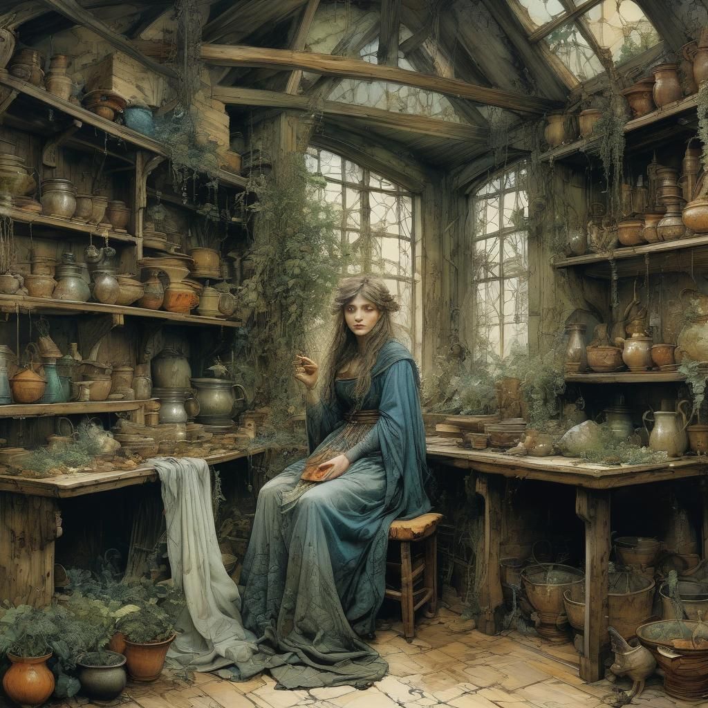 Medieval Herb Woman's House in Arthur Rackham Style