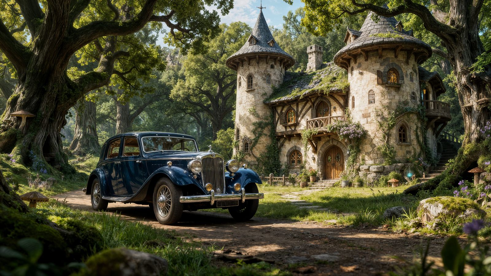 Elven Cottage Fantasy Concept Art with Antique Car