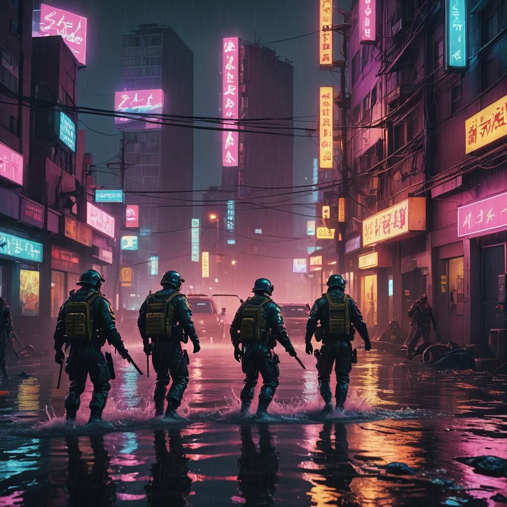 Neon Soldiers Fight in Flooded Cyberpunk City