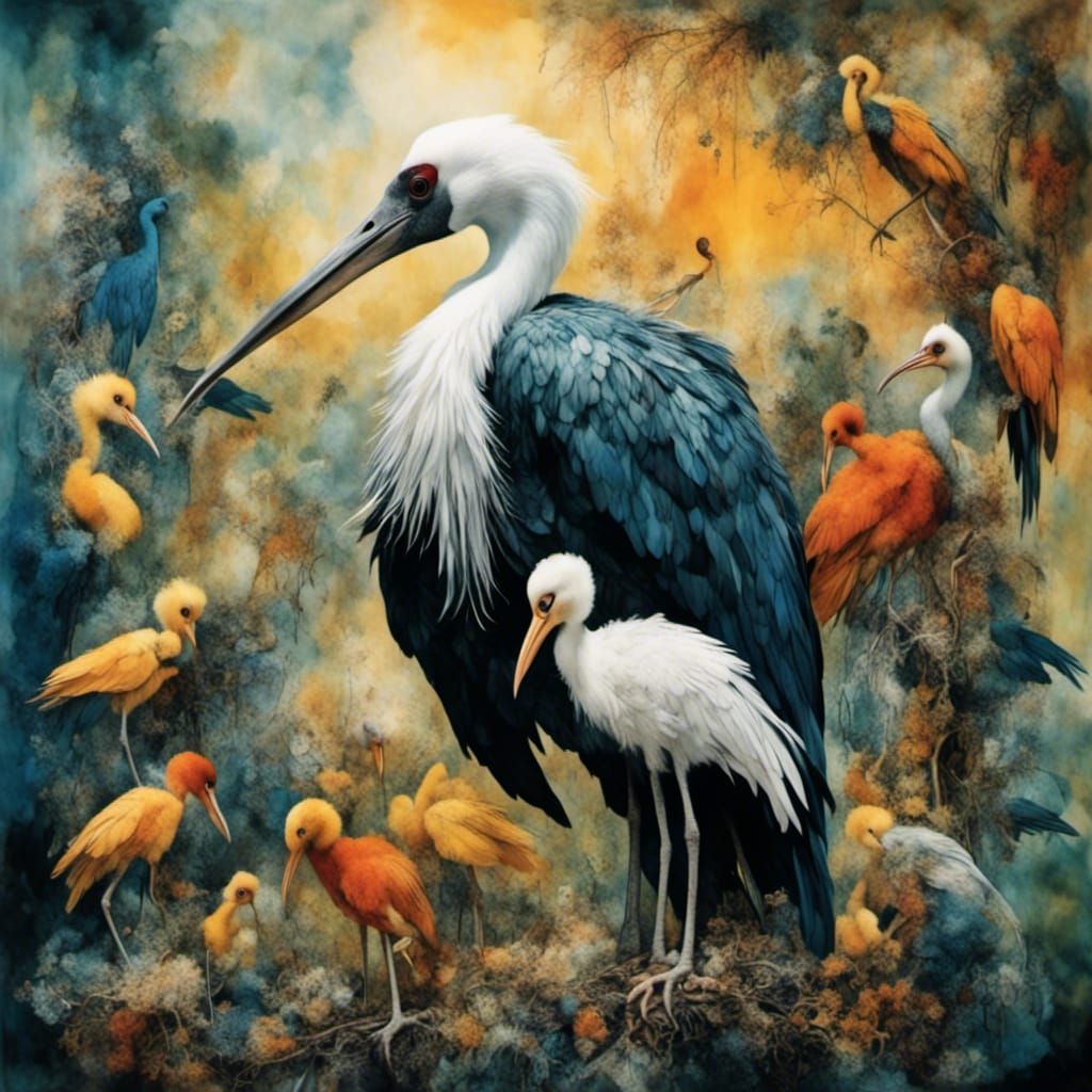Shoebill Stork and Babies in Fantasy Art Style
